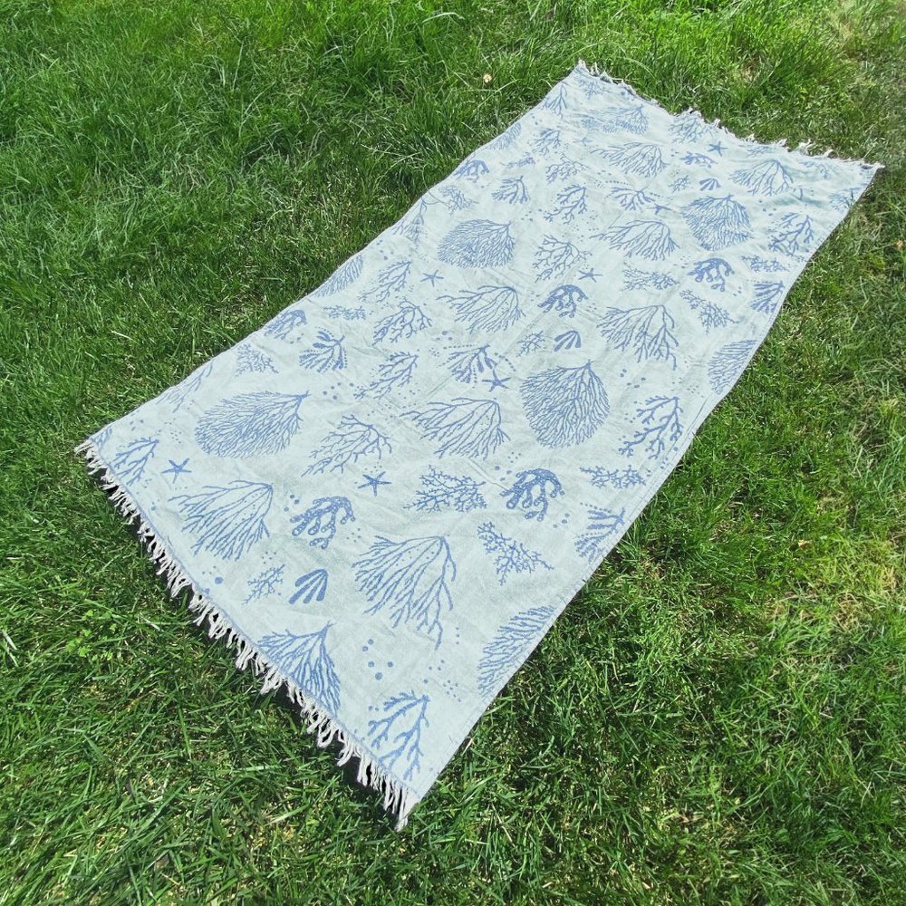 100% Organic cotton Peshtemal, blue corals, Doublesided Beach, yoga towel